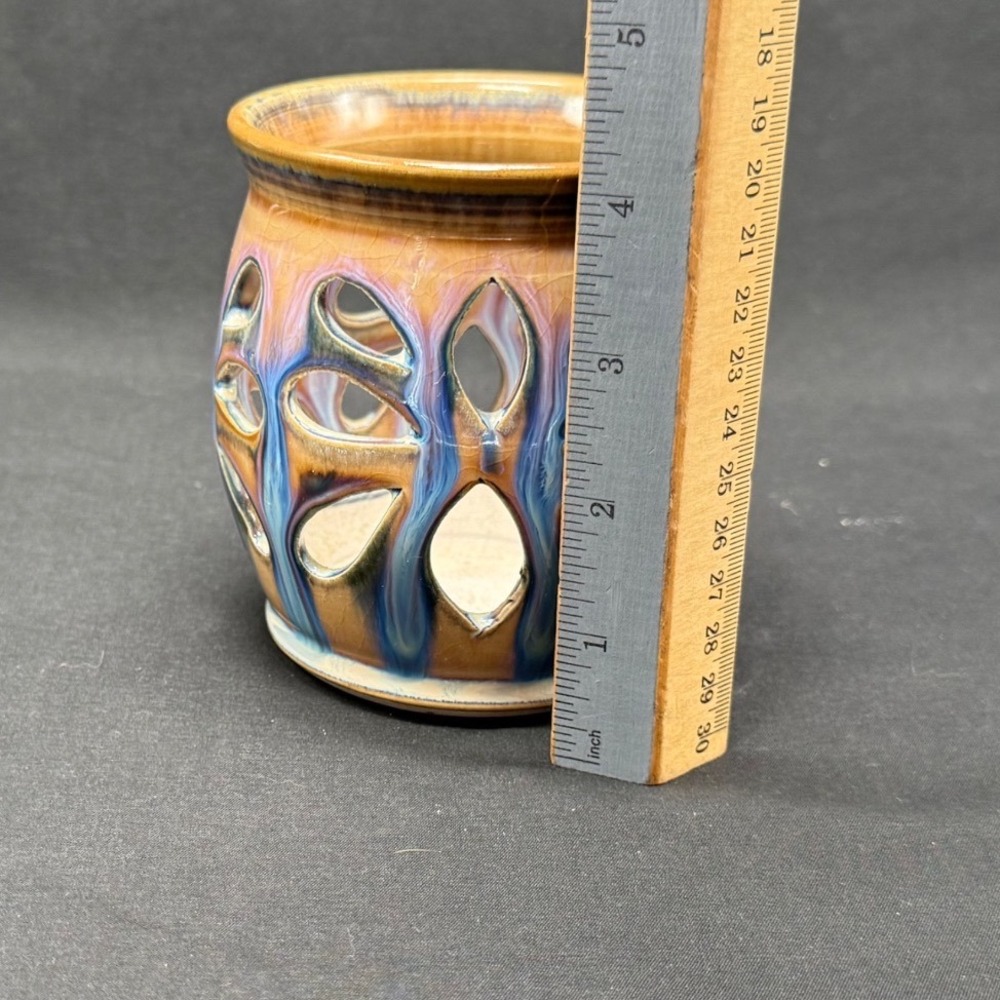Studio Pottery Signed Drip Glaze Cutout Stoneware Candle Holder Lantern - Picture 5 of 7